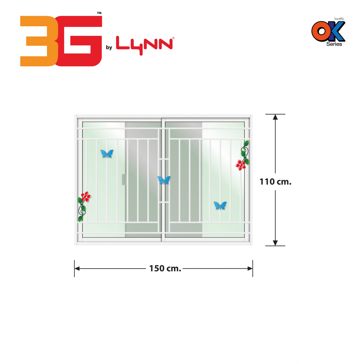 3G (OK) หน้าต่างอะลูมิเนียม บานเลื่อน SS 150x110ซม. สีขาว ติดเหล็กดัดพร้อมมุ้ง