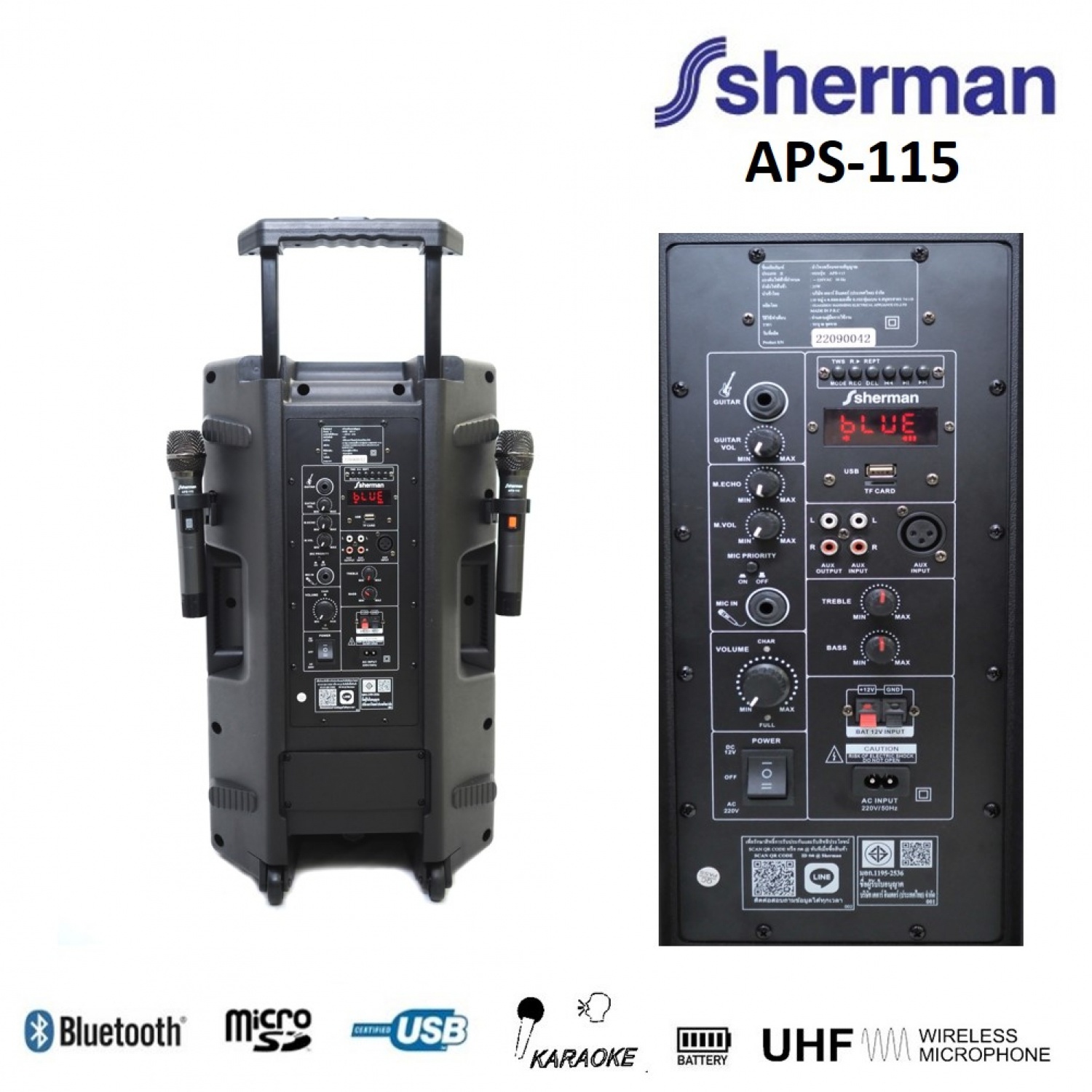 Sherman ลำโพงล้อลากอเนกประสงค์ รุ่น APS-115 สีดำ