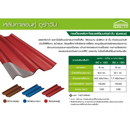 ดูร่าวัน กระเบื้องหลังคาลอนคู่ 0.5x50x120 ซม. สีแดงเศรษฐี