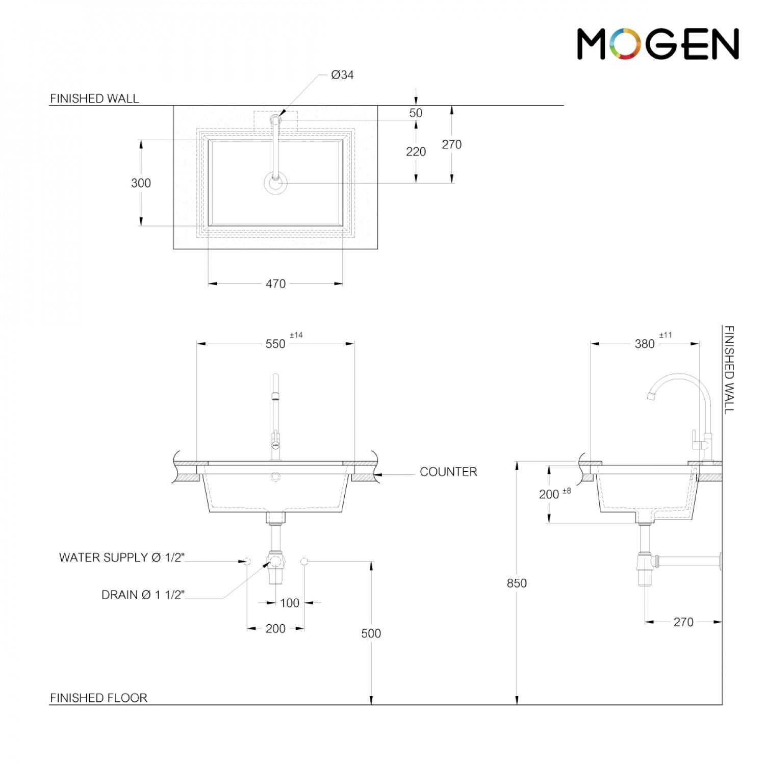 MOGEN อ่างล้างหน้า ชนิดฝังใต้เคาน์เตอร์  สีขาว รุ่น MA575