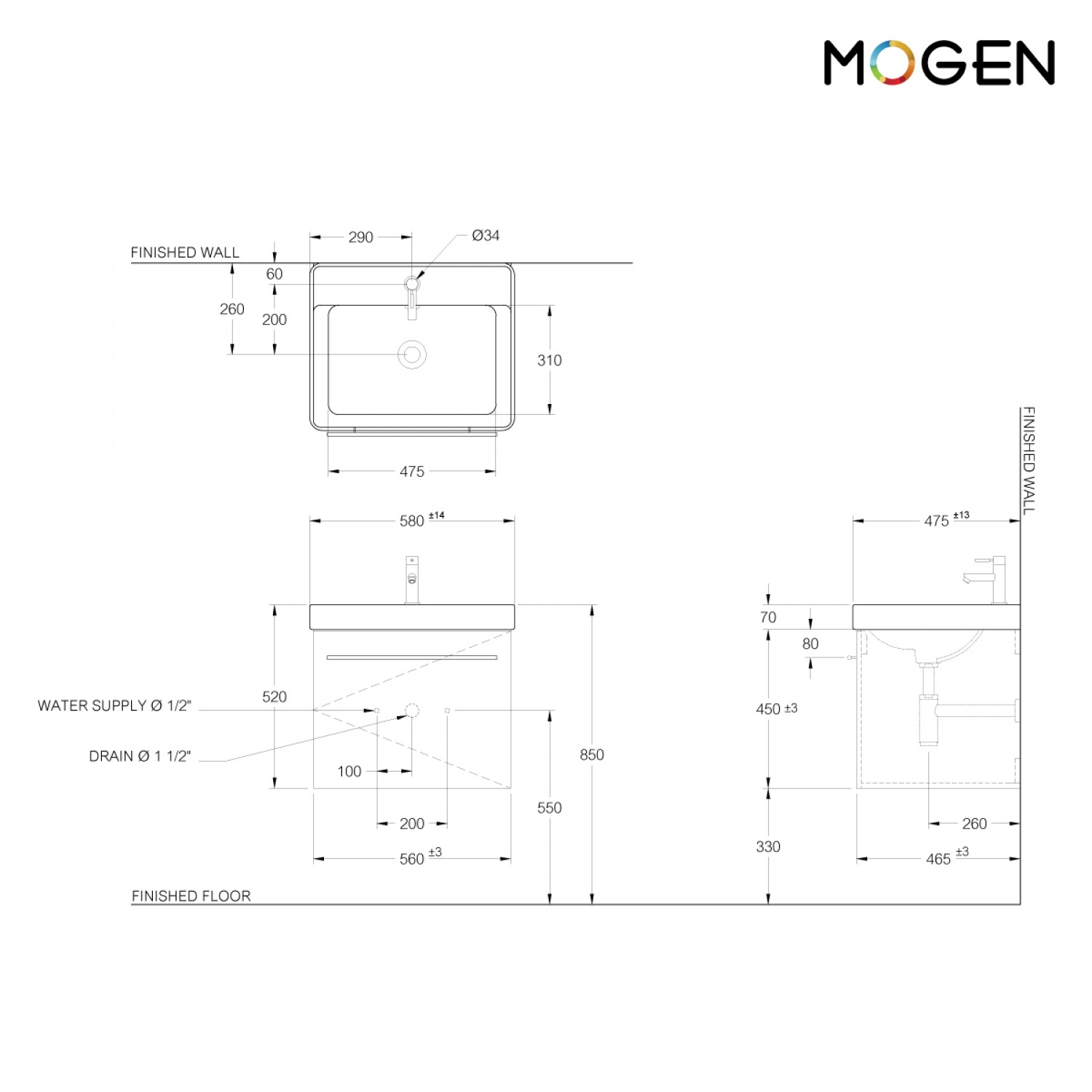 MOGEN ตู้เฟอร์นิเจอร์ กันน้ำ 100% ขนาด 58ซม.+อ่างล้างหน้า สีขาว รุ่น  LFU43058D#B-L