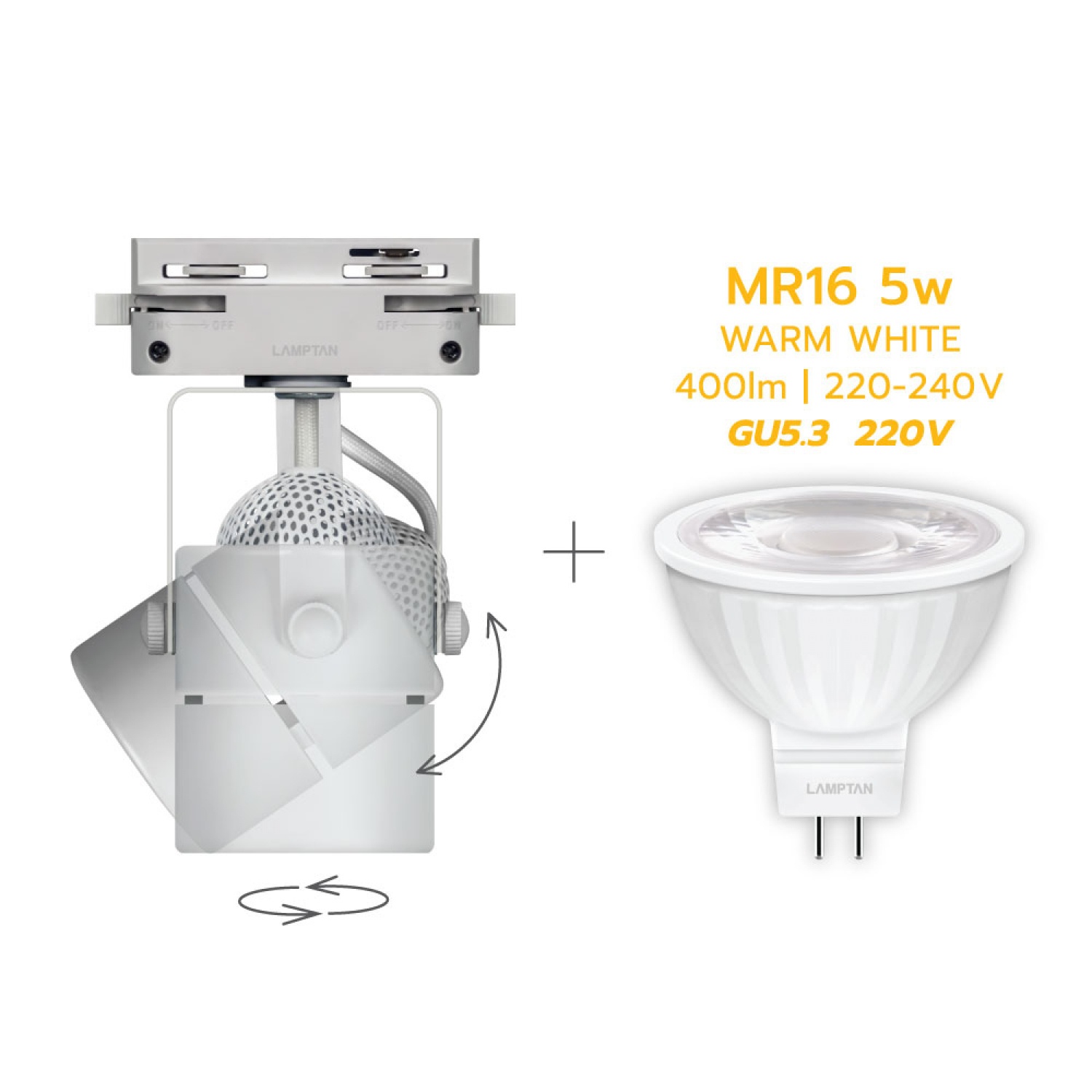 LAMPTAN แทรกไลท์ติดราง LED รุ่นครอป สีขาว พร้อมหลอด MR16 5W แสงวอร์มไวท์