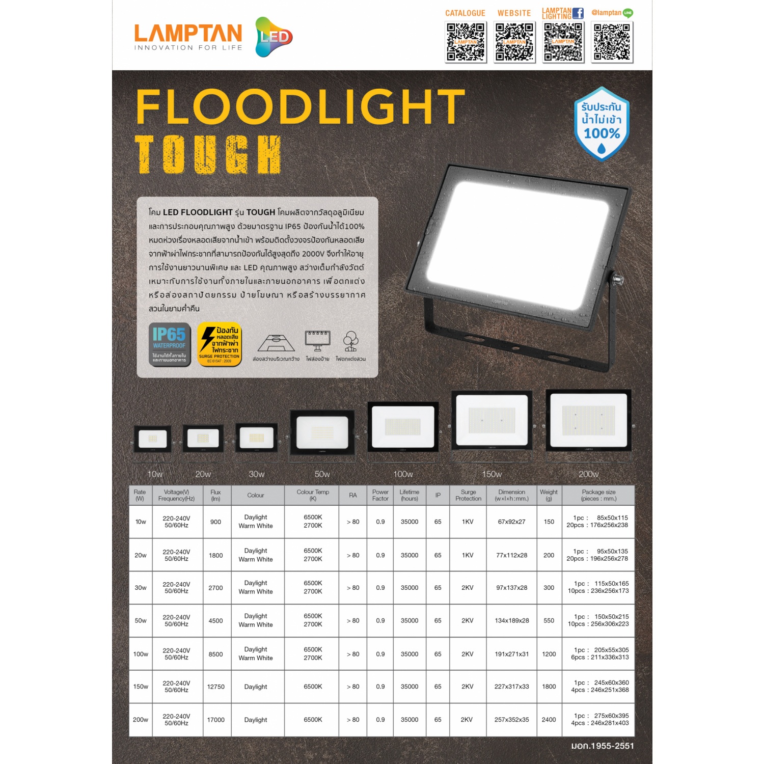 LAMPTAN โคมไฟฟลัดไลท์ LED 10W รุ่นทัฟ IP65 แสงเดย์ไลท์