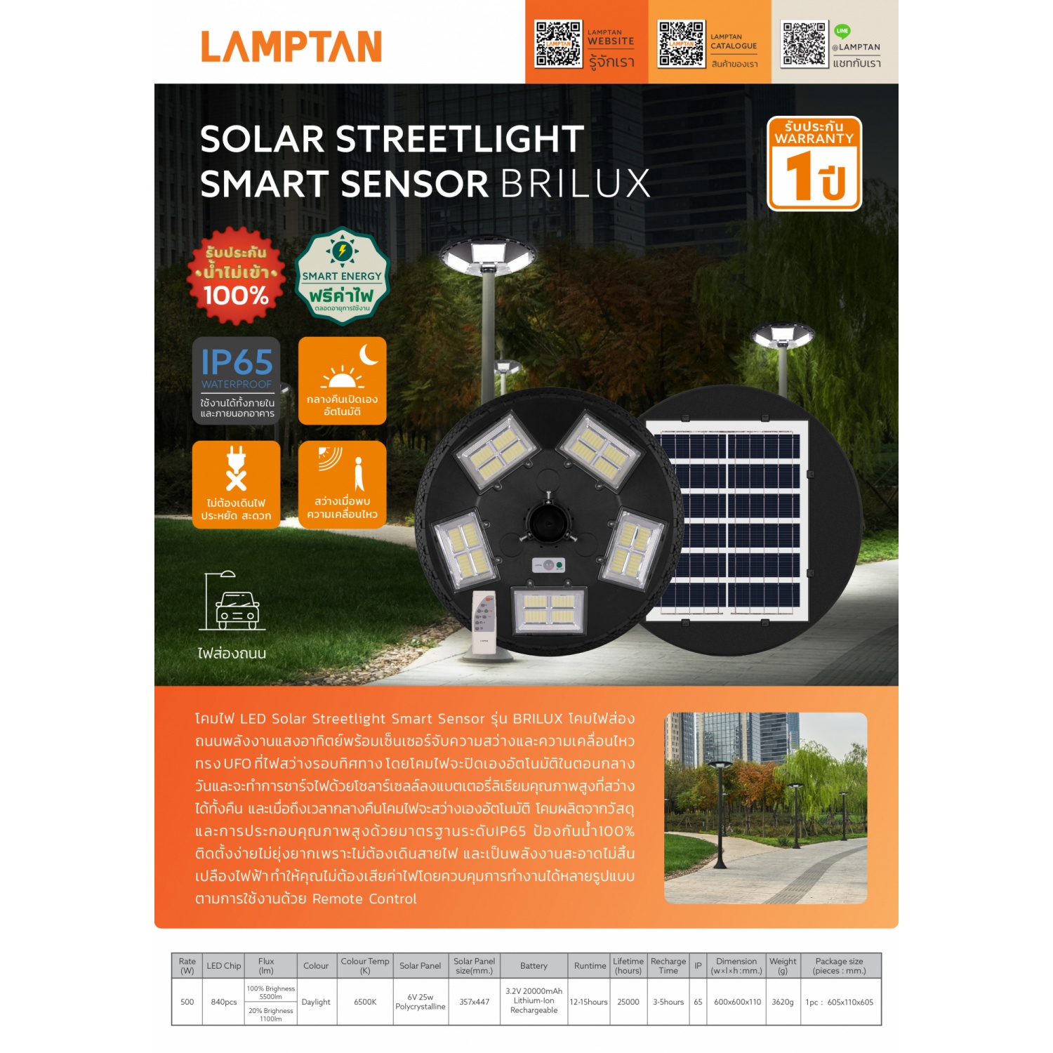 LAMPTAN โคมไฟถนนโซลาร์เซลล์ LED 500W แสงเดย์ไลท์ IP65 รุ่นสมาร์ทเซ็นเซอร์ บริลักซ์ + รีโมท