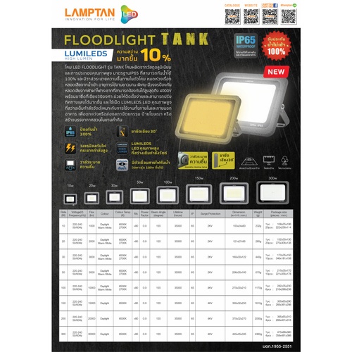 LAMPTAN โคมไฟฟลัดไลท์ LED 20W แสงวอร์มไวท์ รุ่นแท้งค์ IP65