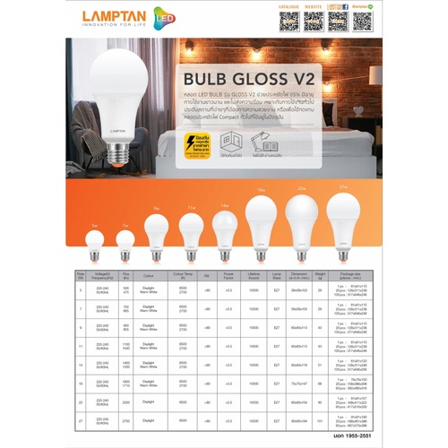 LAMPTAN หลอดไฟ LED BULB 11W แสงวอร์มไวท์ รุ่น GLOSS V2 E27