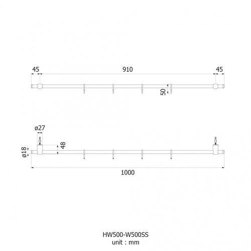 VRH ราวแขวนผ้าสแตนเลสพร้อมตะขอ 4 ขอ สเตนเลส 304 รุ่น HW500-W500S  สีสเตนเลสเงา