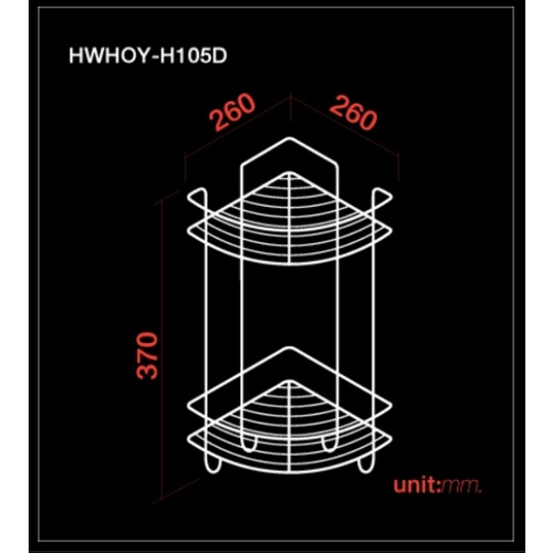 HOY ตะแกรงวางของเข้ามุม2ชั้นมีตะขอ สเตนเลส รุ่น HWHOY-H105C สีซาติน