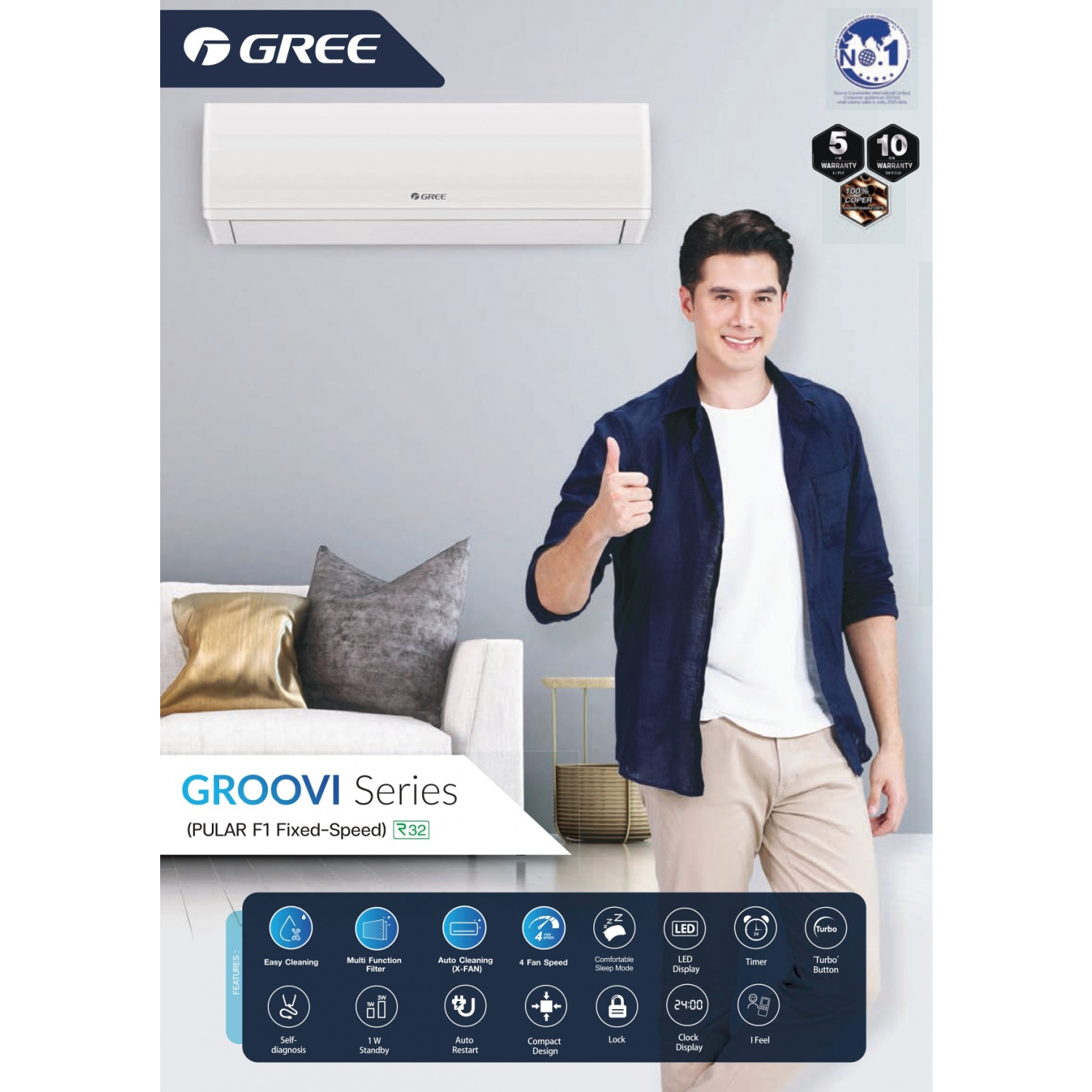 GREE เครื่องปรับอากาศติดผนัง  Fix-Speed ขนาด 12000 BTU รุ่น GWC12AGCF1/I