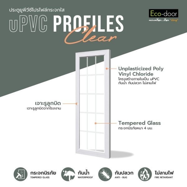 ECO-DOOR  ประตู UPVC โปรไฟล์  รุ่น 15 Light ภายใน ขนาด 80x200 ซม. สีขาว (เจาะลูกบิด)