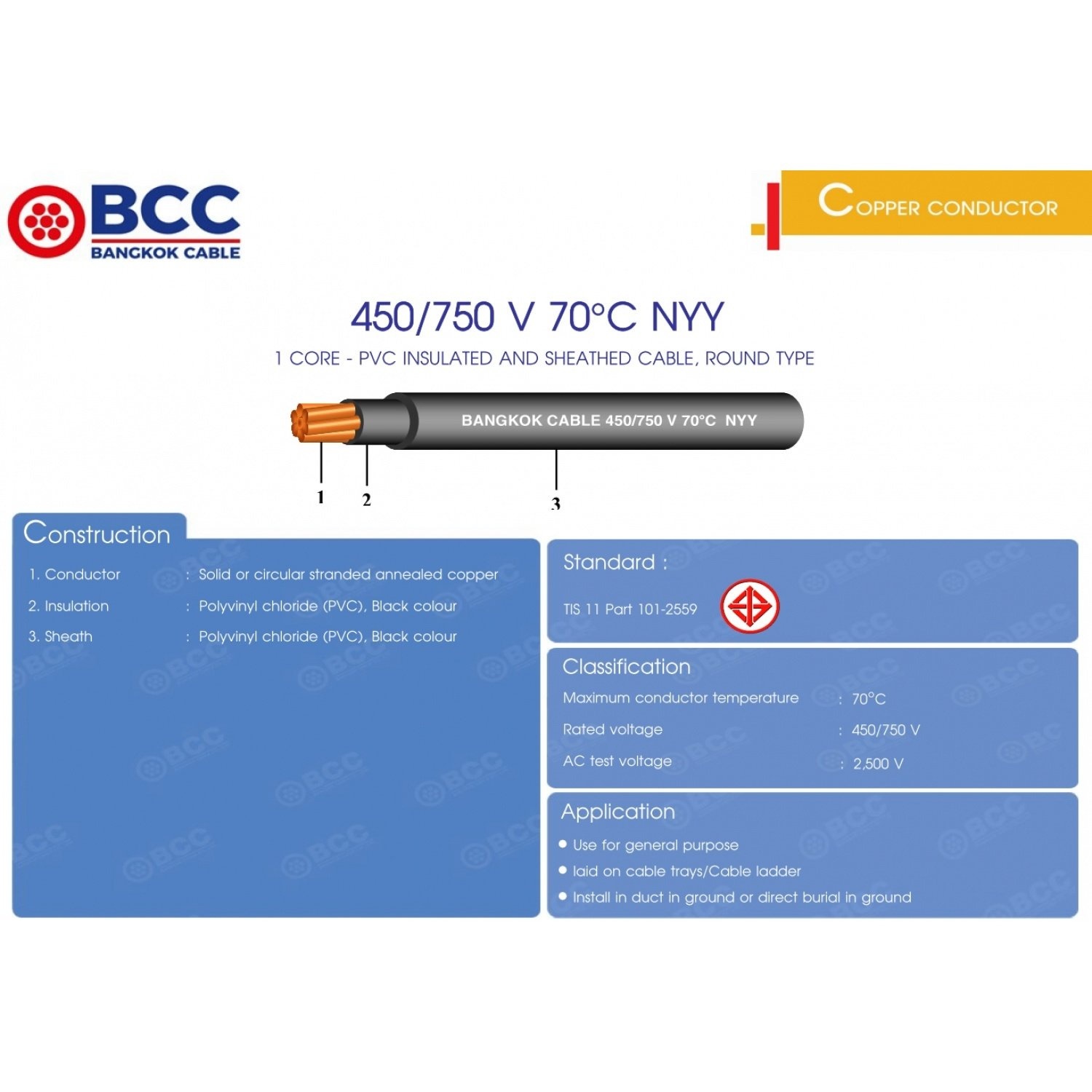 BCC สายไฟ NYY 2x4 ตร.มม. 1 m. สีดำ