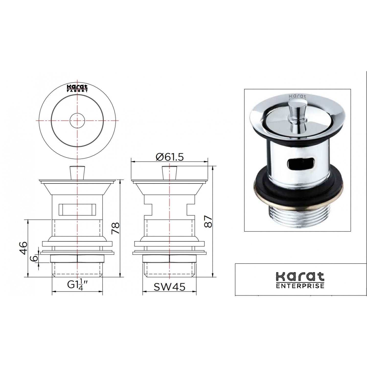 Karat Faucet สะดืออ่างล้างหน้าแบบดึงล็อค (มีรูน้ำล้น) รุ่น KA-02-234-50