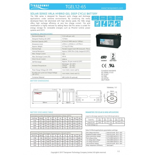 Transpower แบตเตอรี่ 12V 65A รุ่น TGEL12-65 สีดำ O.