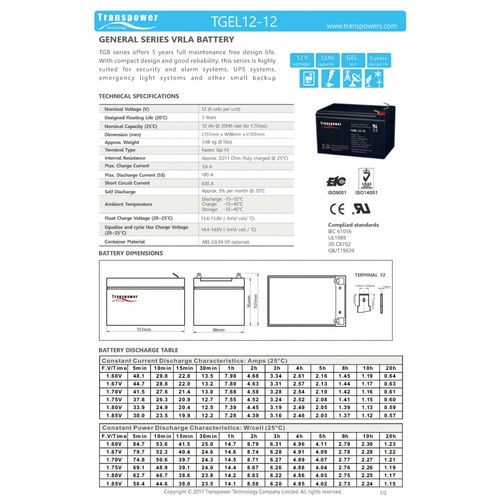 Transpower แบตเตอรี่ 12V 12A รุ่น TGEL12-12 สีดำ O.