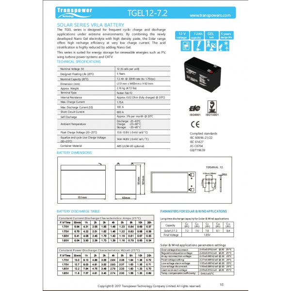 Transpower แบตเตอรี่ 12V 7.2A รุ่น TGEL12-7.2 สีดำ N.