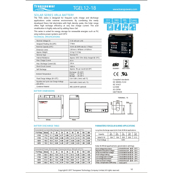 Transpower แบตเตอรี่ 12V 18A รุ่น TGEL12-18 สีดำ N.