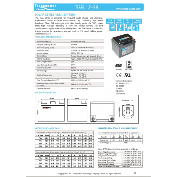 Transpower แบตเตอรี่ 12V 38A รุ่น TGEL12-38 สีดำ