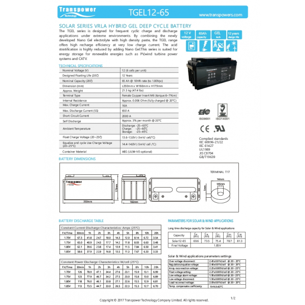 Transpower แบตเตอรี่ 12V 65A รุ่น TGEL12-65 สีดำ N.