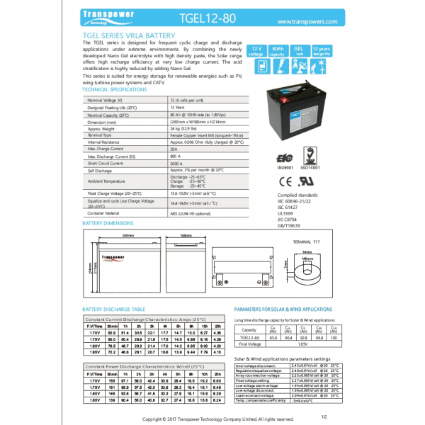 Transpower แบตเตอรี่ 12V 80A รุ่น TGEL12-80 สีดำ