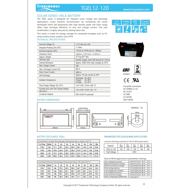 Transpower แบตเตอรี่ 12V 120A รุ่น TGEL12-120 สีดำ