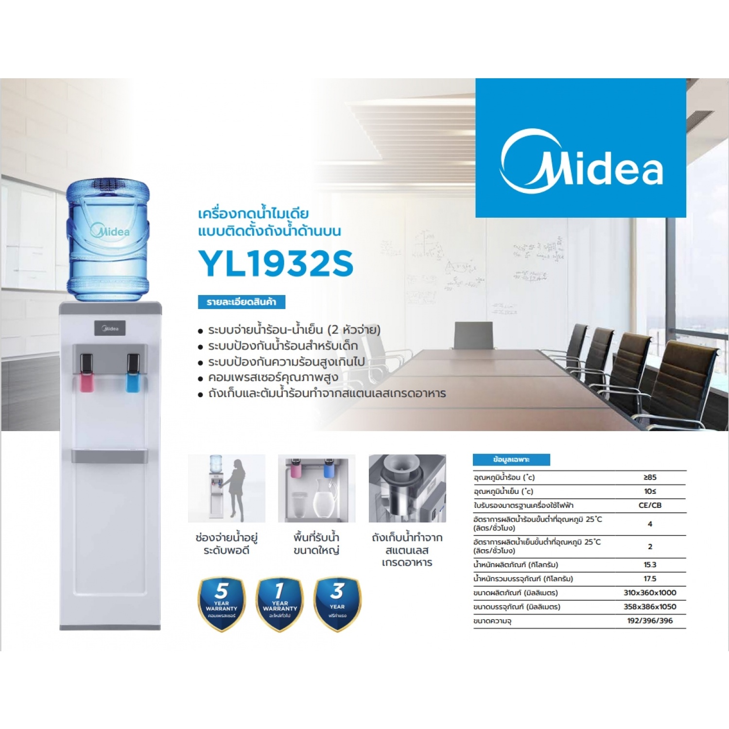 MIDEA ตู้กดน้ำร้อน-น้ำเย็น รุ่น YL1932S สีขาว