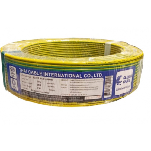 Global Cable สายไฟ THW IEC01 1x6 100เมตร สีเขียวแถบเหลือง