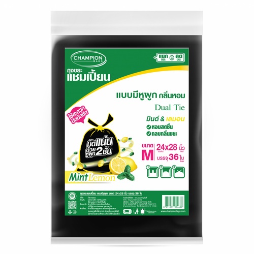 Champion ถุงขยะแบบมีหูผูก ขนาด 24x28 บรรจุ 36 ใบ/แพ็ค สีดำ กลิ่นมินต์เลมอน