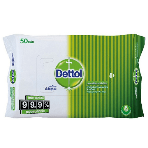 DETTOL ผ้าเช็ดทำความสะอาดผิวแบบเปียก สูตร Anti Bacterial บรรจุ 50 แผ่น