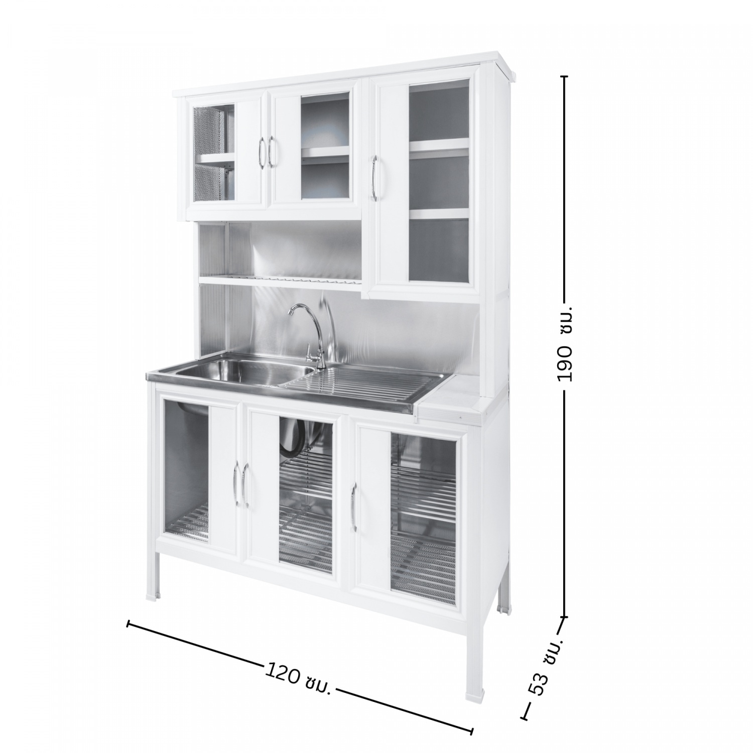 CLOSE ชุดครัวสำเร็จรูปโครงอลูมิเนียมพร้อมอ่างล้างจานแถมก๊อก SENSE-C120 ขนาด 120x53x190 ซม.สีขาว