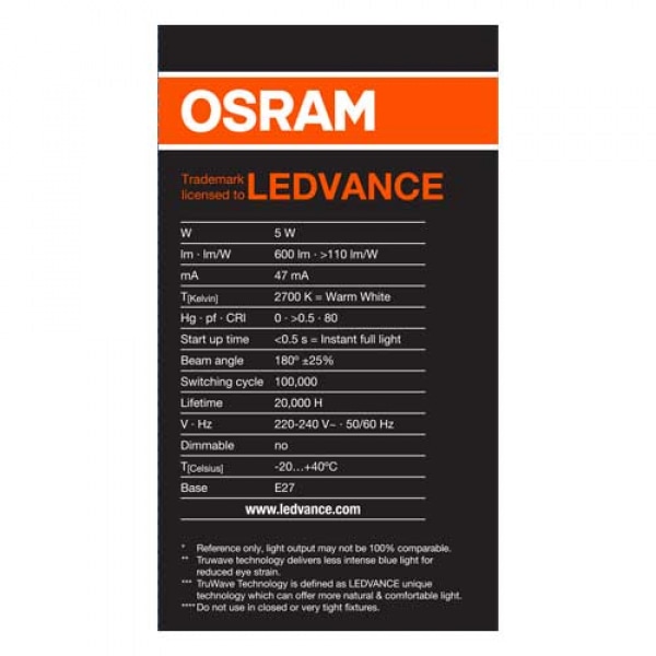 OSRAM หลอดไฟ LED E27 รุ่น VALUE CLASSIC 5W แสงวอร์มไวท์