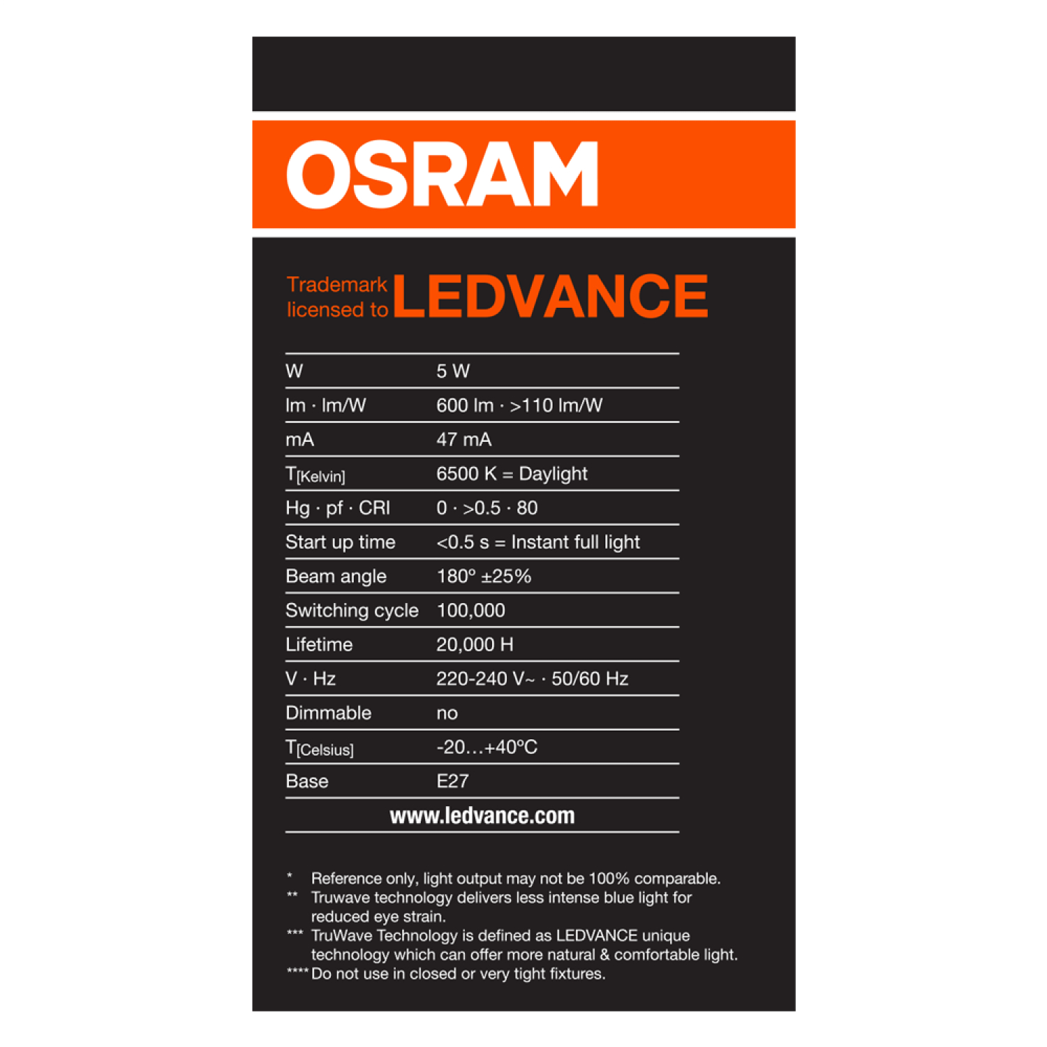 OSRAM หลอดไฟ LED E27 รุ่น VALUE CLASSIC 5W แสงเดย์ไลท์