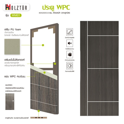 Holztur ประตู WPC รุ่น WB01 (สำหรับใช้ภายใน) แผ่นเรียบเซาะร่อง  ขนาด 80x200 ซม. สีวอลนัท (ไม่เจาะลูกบิด)