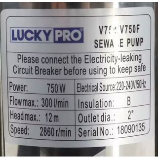 LUCKY PRO ปั๊มจุ่มดูดน้ำเสียพร้อมลูกลอย 750W ท่อ 2 รุ่น LP-V750F