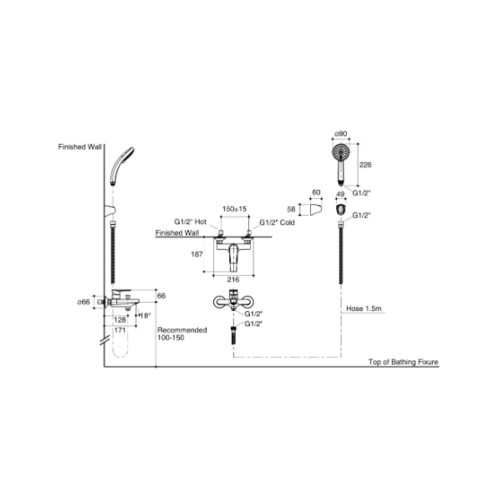 Kohler ก๊อกผสมยืนอาบแบบติดผนังพร้อมฝักบัวสายอ่อน รุ่น ทอธ K-74036T-4-CP