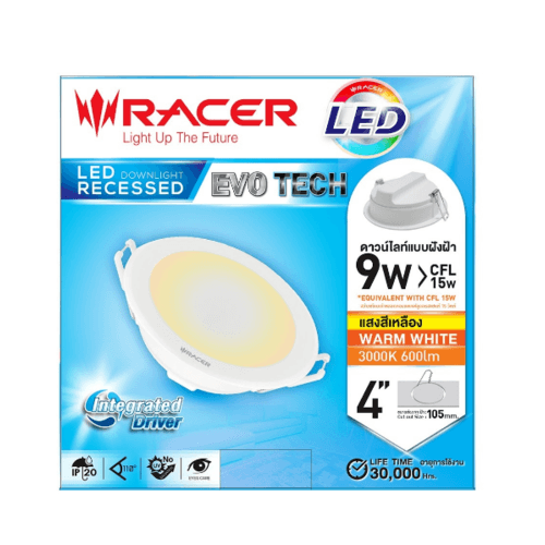 RACER โคมดาวน์ไลท์ LED แบบฝังฝ้าหน้ากลม 4นิ้ว 9W รุ่น EVO TECH  แสงวอร์มไวท์