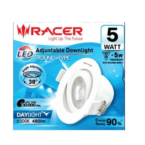 RACER โคมดาวน์ไลท์ LED แบบฝังฝ้าหน้ากลม 3.5นิ้ว 5W ปรับองศาได้ แสงเดย์ไลท์ สีขาว