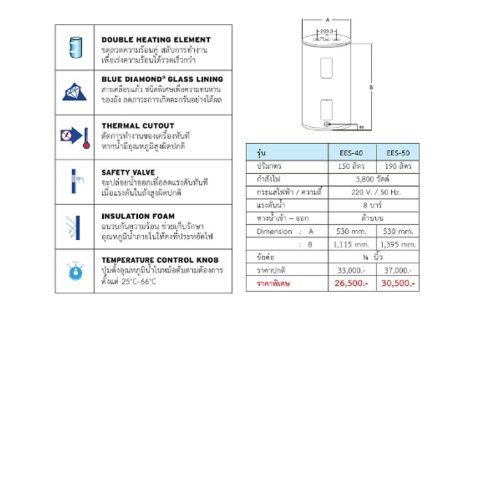 A.O.SMITH เครื่องทำน้ำร้อน ขนาด 150 ลิตร รูปทรงแนวตั้ง รุ่น EES-40 สีขาว