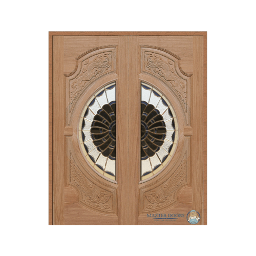 ประตูไม้สยาแดง แกะลายหงษ์+มังกร พร้อมกระจก VANDA-09 100x200cm. MAZTERDOORS