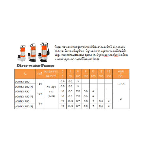 SUMOTO ปั๊มจุ่มน้ำเสีย 180W รุ่นVORTEX 180F พร้อมลูกลอย