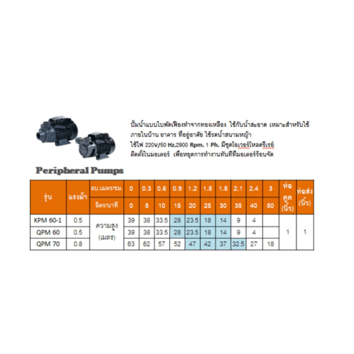 SUMOTO ปั๊มน้ำแบบใบพัดเฟือง 0.8Hp รุ่น QPM70