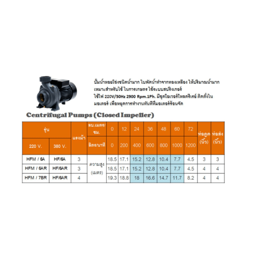 SUMOTO ปั๊มหอยโข่งชนิดน้ำมาก 3Hp 220V 3 รุ่น HFM/6A