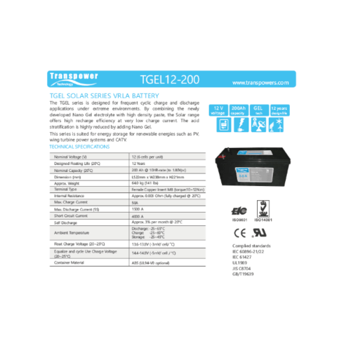 Transpower แบตเตอรี่ 12V 200A รุ่น TGEL12-200 สีดำ O.