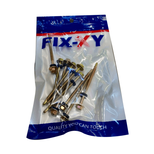 FIX-XY สกรูยึดกระเบื้องลอนลูกฟูกปลายสว่าน ขนาด #10 ยาว 3.5นิ้ว (88มม.) บรรจุ 8ตัว/ถุง สีทอง