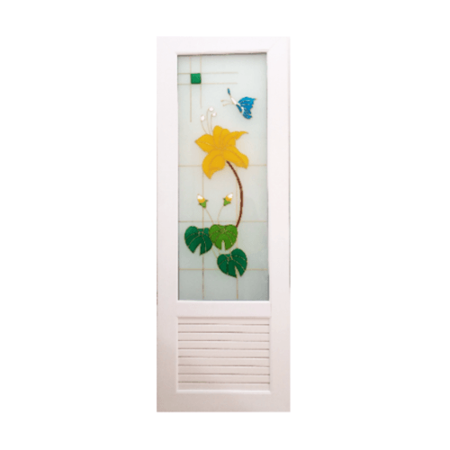 ประตู UPVC กระจกเพ้นลายดอกไม้เหลือง พร้อมวงกบ U07 70cm.x200cm. สีขาว ไม่เจาะ OK