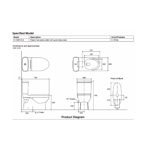 KOHLER สุขภัณฑ์แบบสองชิ้น ใช้น้ำ 3/4.8 ลิตร รุ่น รีช K-75991X-S-0 ขนาด