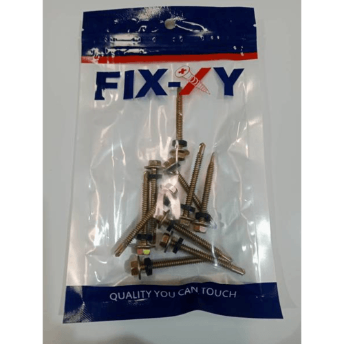 FIX-XY สกรูยึดกระเบื้องลอนลูกฟูกปลายสว่าน ขนาด #10 ยาว 2นิ้ว (49.5มม.) บรรจุ 10ตัว/ถุง สีทอง