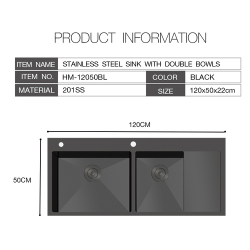 KOCH KITCHEN อ่างล้างจาน 2 หลุมมีที่พัก 50x120x22 ซม. HM-12050BL สีดำ