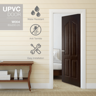 WELLINGTAN ประตูยูพีวีซีบานทึบ 4 ฟักปีกนก (สำหรับใช้งานภายใน) รุ่น UPVC-W004 ขนาด 80x200 ซม. สี Black wenge