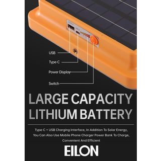 EILON สปอร์ตไลท์โซล่าร์เซลล์แบบพกพา พับได้ 50W รุ่น ESTD-050W-QB3065 แสง3สี+ไฟแสงแดงและสีฟ้า