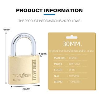 TORSTEN กุญแจคล้องทองเหลืองระบบสปริง 30มม. BMP-263 (ห่วงสั้น)